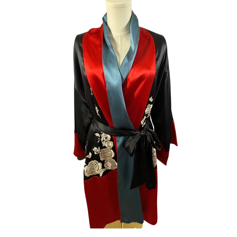 Natori Robe Black Red Blue Embroidered Phoenix Floral Satin Kimono V80940 Small - Picture 5 of 10